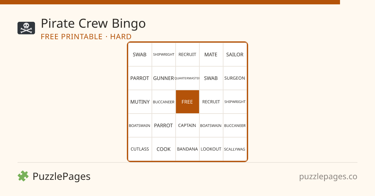Pirate Crew Hard printable bingo preview — free to print from PuzzlePages