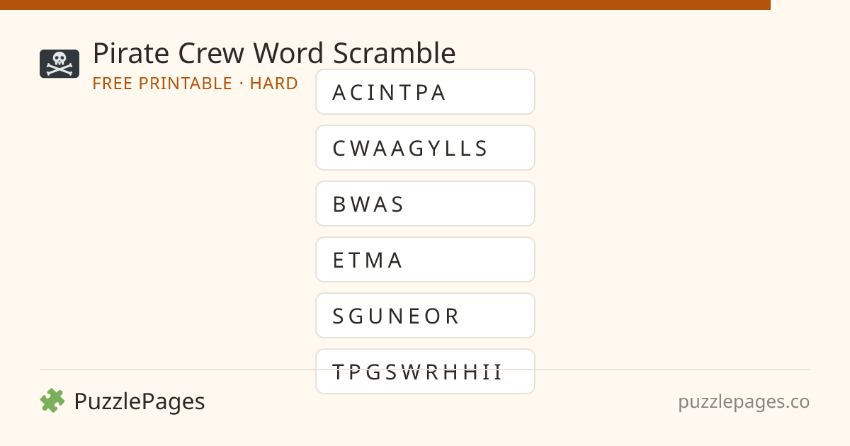 Pirate Crew Hard printable word scramble preview — free to print from PuzzlePages