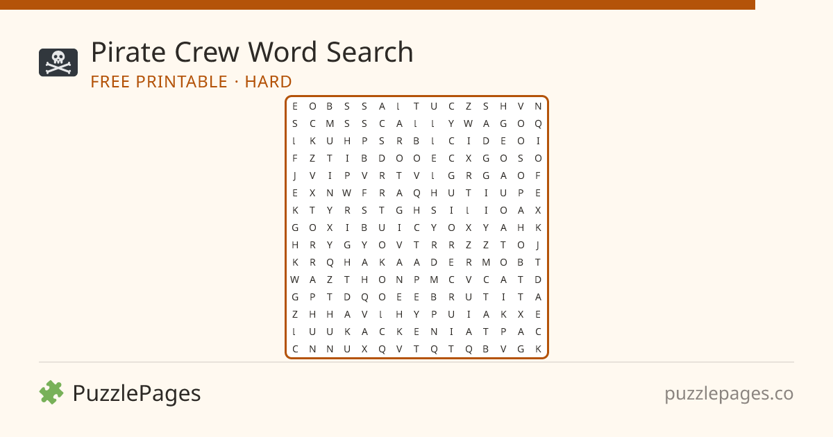 Pirate Crew Hard printable word search preview — free to print from PuzzlePages