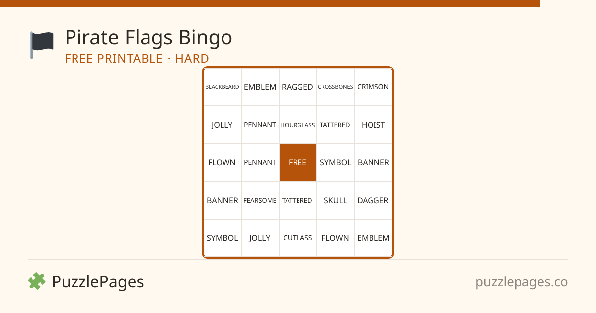Pirate Flags Hard printable bingo preview — free to print from PuzzlePages