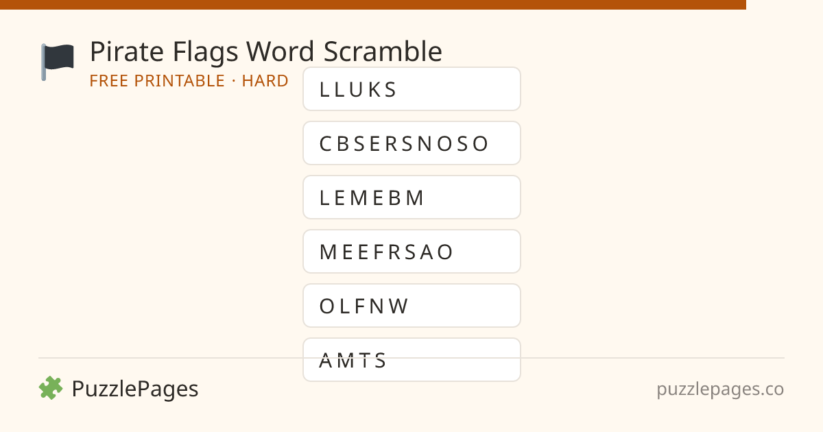 Pirate Flags Hard printable word scramble preview — free to print from PuzzlePages
