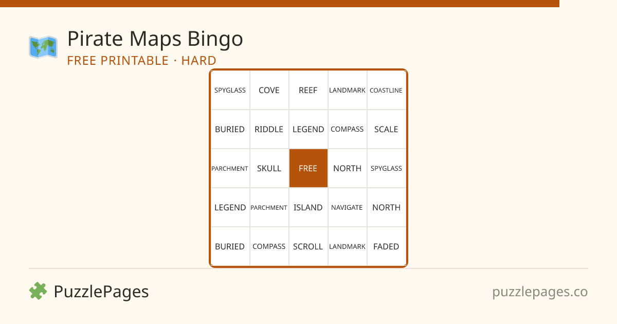 Pirate Maps Hard printable bingo preview — free to print from PuzzlePages