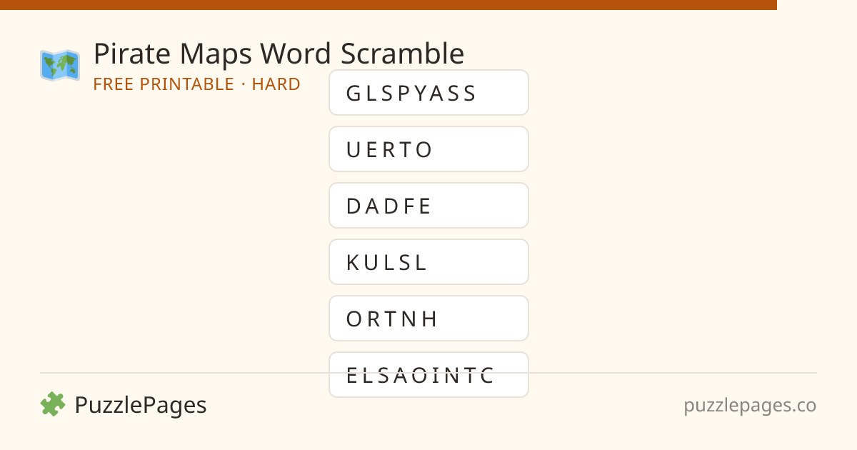 Pirate Maps Hard printable word scramble preview — free to print from PuzzlePages
