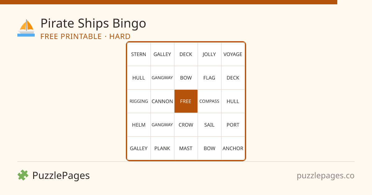 Pirate Ships Hard printable bingo preview — free to print from PuzzlePages