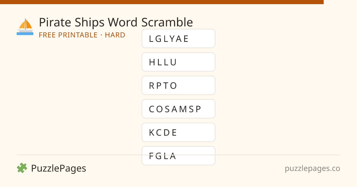 Pirate Ships Hard printable word scramble preview — free to print from PuzzlePages
