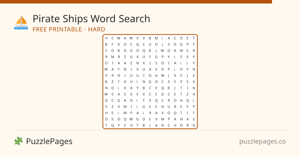 Pirate Ships Hard printable word search preview — free to print from PuzzlePages