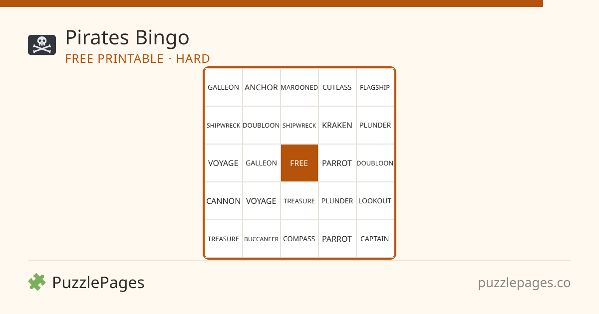 Pirates Hard printable bingo preview — free to print from PuzzlePages