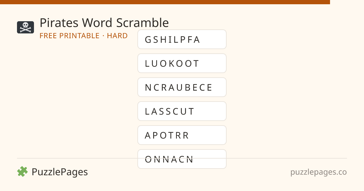Pirates Hard printable word scramble preview — free to print from PuzzlePages