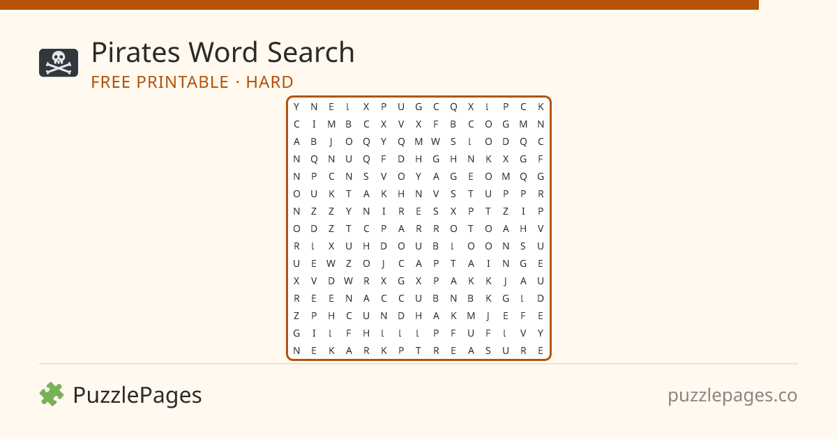 Pirates Hard printable word search preview — free to print from PuzzlePages