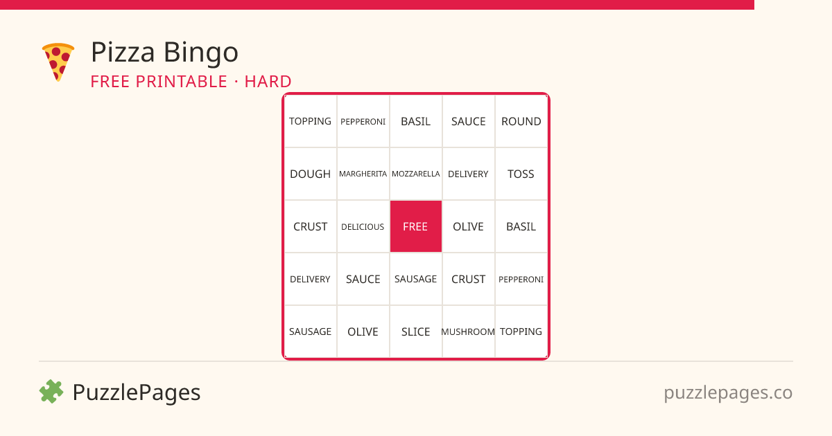 Pizza Hard printable bingo preview — free to print from PuzzlePages
