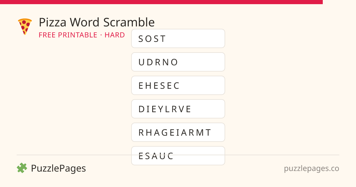 Pizza Hard printable word scramble preview — free to print from PuzzlePages