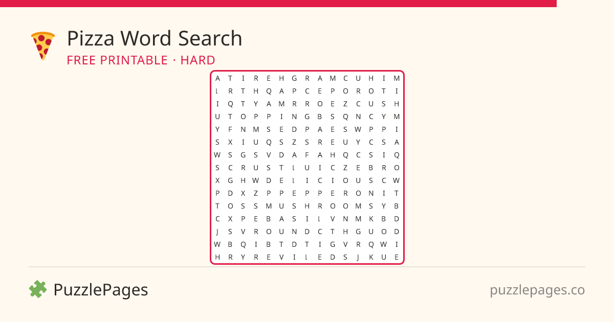 Pizza Hard printable word search preview — free to print from PuzzlePages