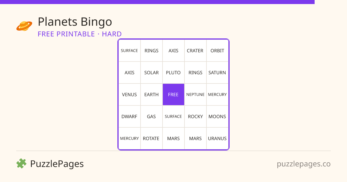 Planets Hard printable bingo preview — free to print from PuzzlePages