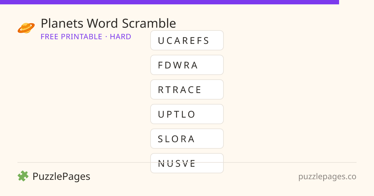 Planets Hard printable word scramble preview — free to print from PuzzlePages