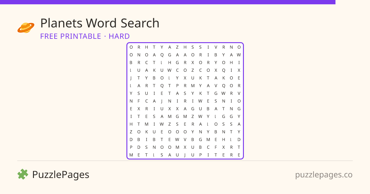 Planets Hard printable word search preview — free to print from PuzzlePages