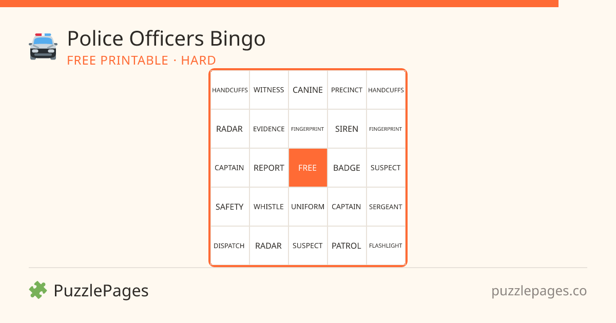 Police Officers Hard printable bingo preview — free to print from PuzzlePages
