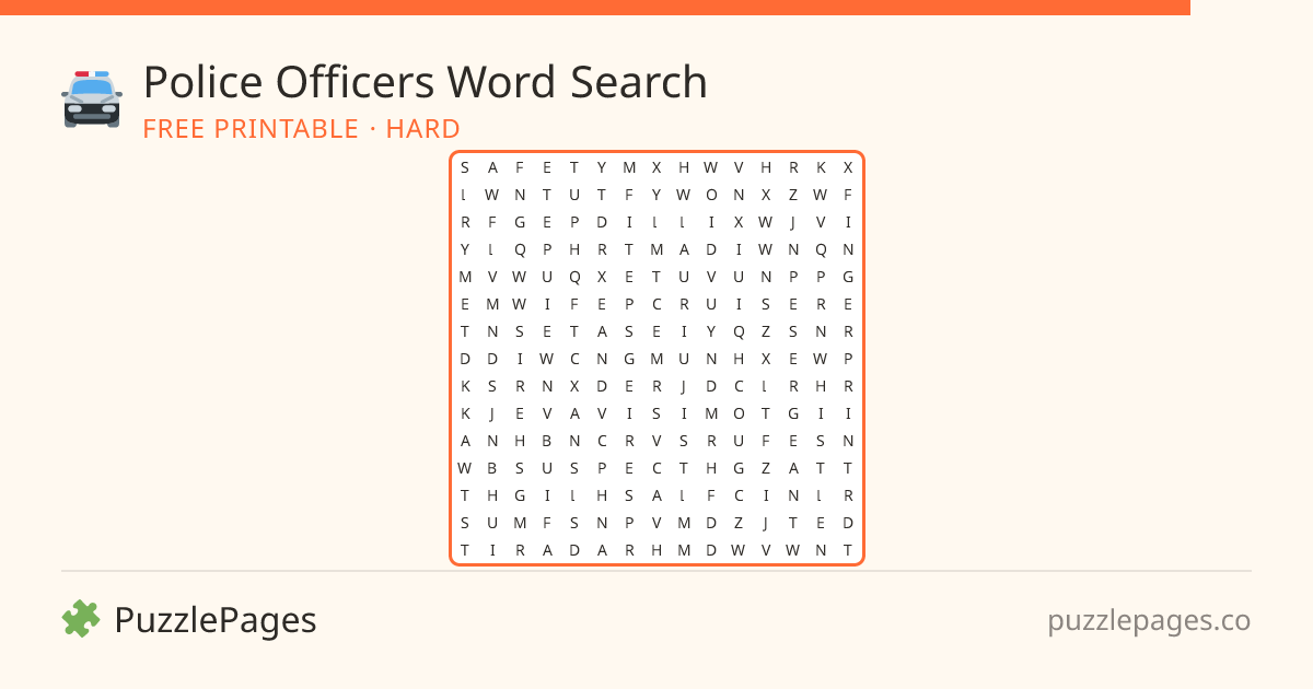 Police Officers Hard printable word search preview — free to print from PuzzlePages
