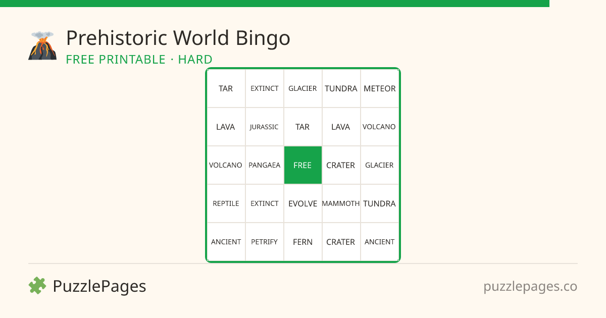 Prehistoric World Hard printable bingo preview — free to print from PuzzlePages