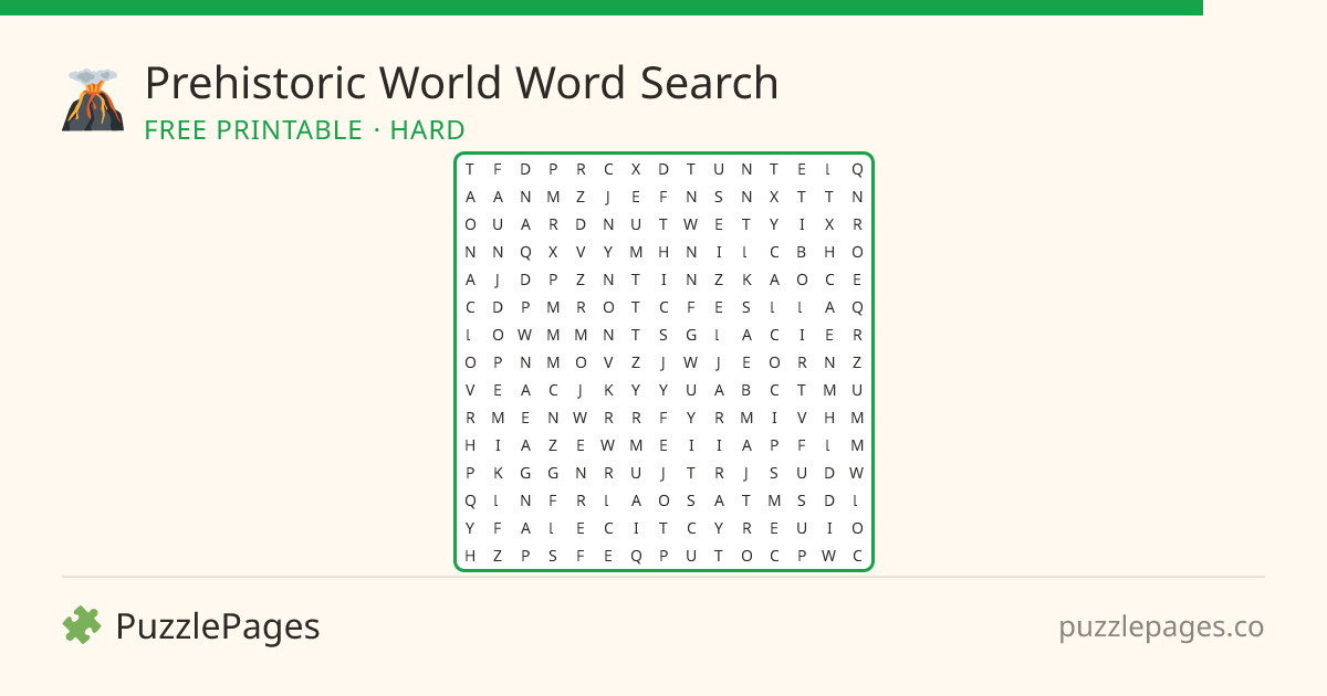 Prehistoric World Hard printable word search preview — free to print from PuzzlePages