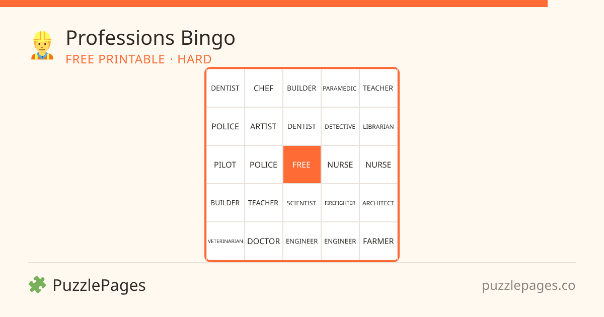 Professions Hard printable bingo preview — free to print from PuzzlePages