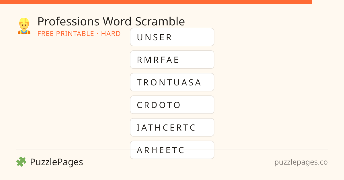 Professions Hard printable word scramble preview — free to print from PuzzlePages