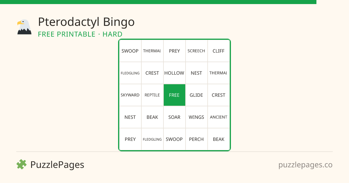 Pterodactyl Hard printable bingo preview — free to print from PuzzlePages