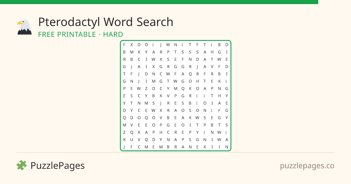 Pterodactyl Hard printable word search preview — free to print from PuzzlePages
