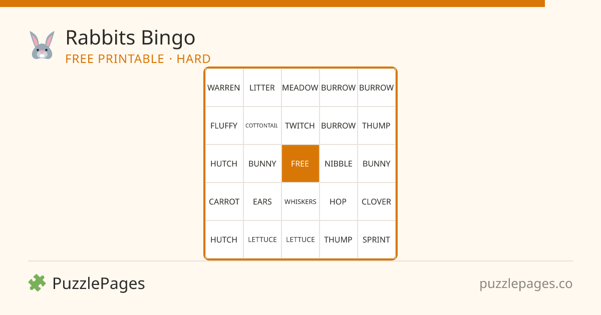Rabbits Hard printable bingo preview — free to print from PuzzlePages
