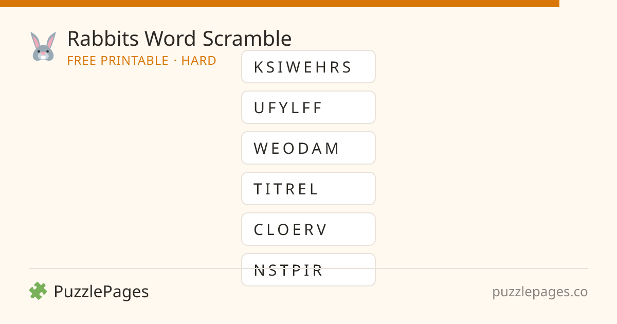 Rabbits Hard printable word scramble preview — free to print from PuzzlePages