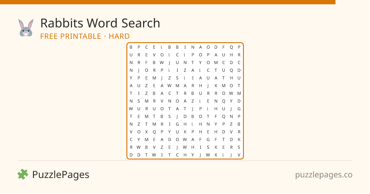 Rabbits Hard printable word search preview — free to print from PuzzlePages
