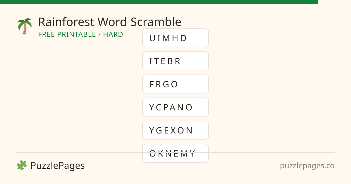 Rainforest Hard printable word scramble preview — free to print from PuzzlePages