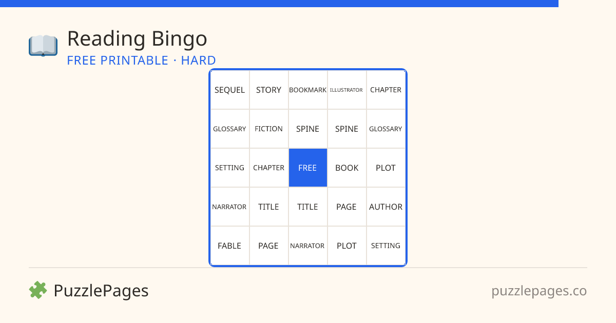 Reading Hard printable bingo preview — free to print from PuzzlePages