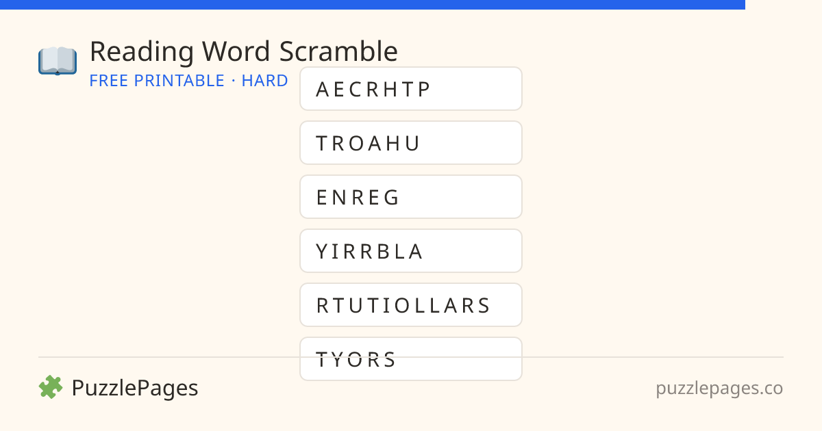 Reading Hard printable word scramble preview — free to print from PuzzlePages