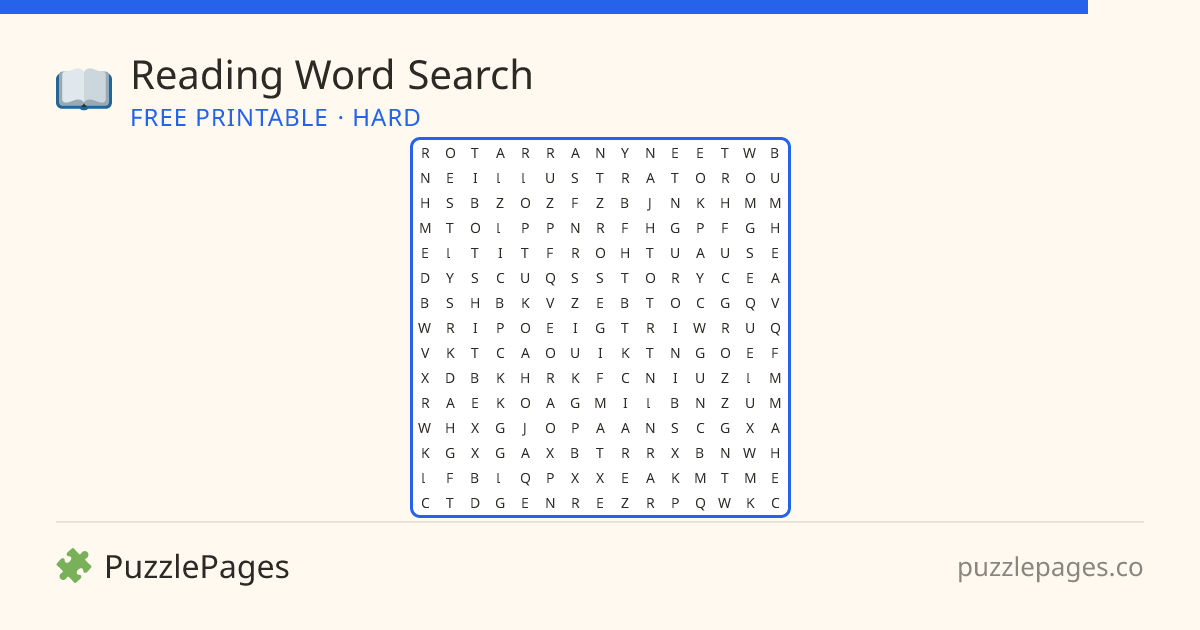 Reading Hard printable word search preview — free to print from PuzzlePages