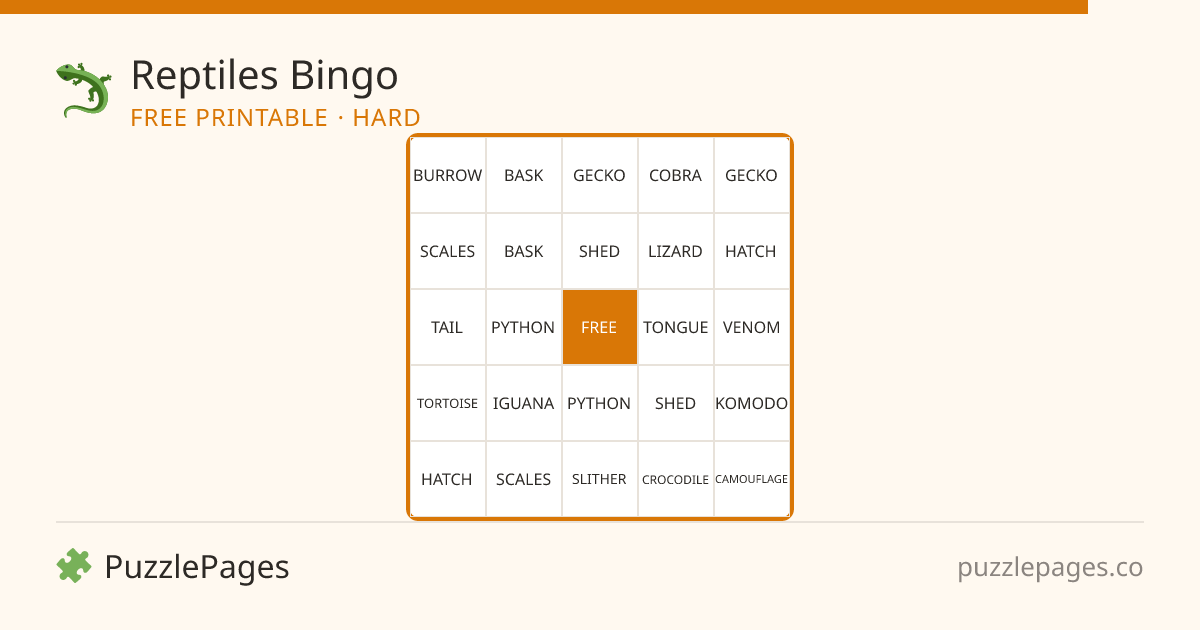 Reptiles Hard printable bingo preview — free to print from PuzzlePages
