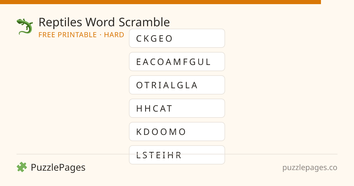 Reptiles Hard printable word scramble preview — free to print from PuzzlePages