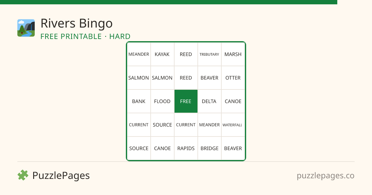 Rivers Hard printable bingo preview — free to print from PuzzlePages