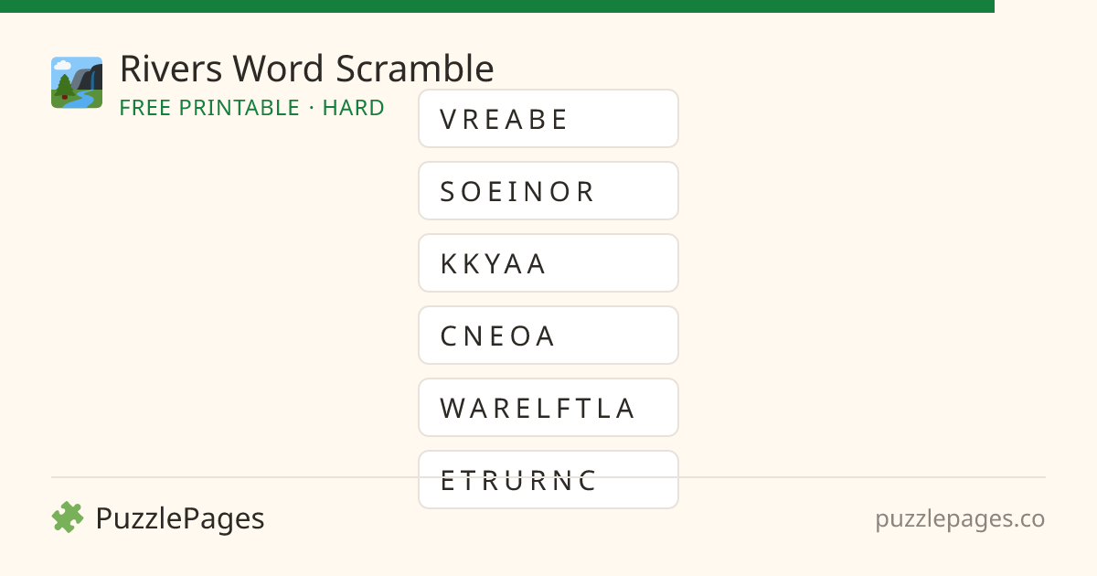 Rivers Hard printable word scramble preview — free to print from PuzzlePages