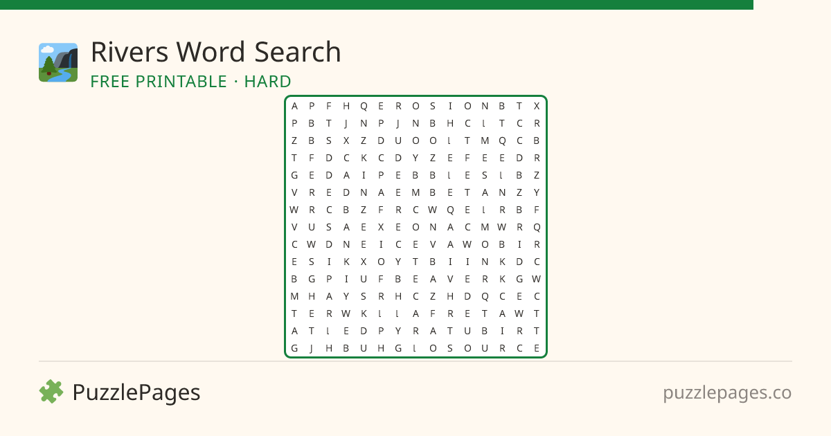 Rivers Hard printable word search preview — free to print from PuzzlePages