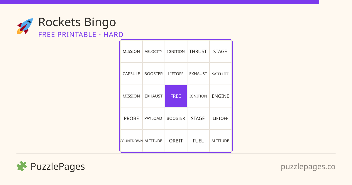 Rockets Hard printable bingo preview — free to print from PuzzlePages