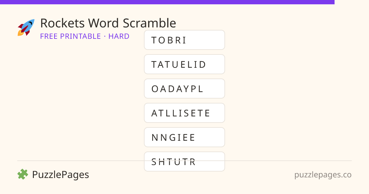 Rockets Hard printable word scramble preview — free to print from PuzzlePages