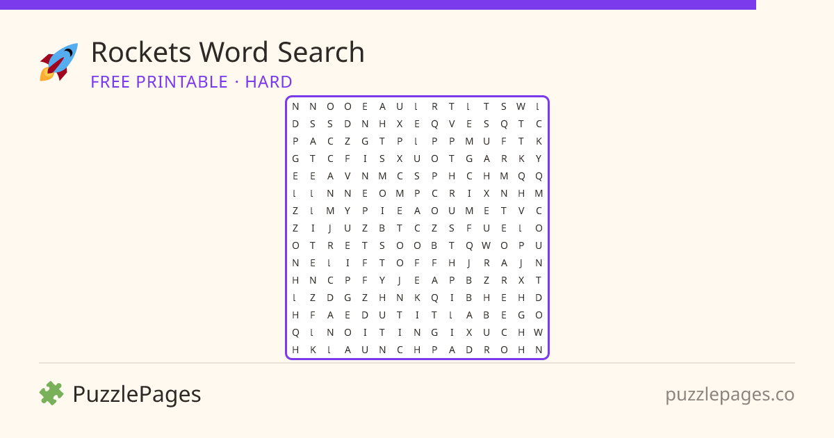 Rockets Hard printable word search preview — free to print from PuzzlePages