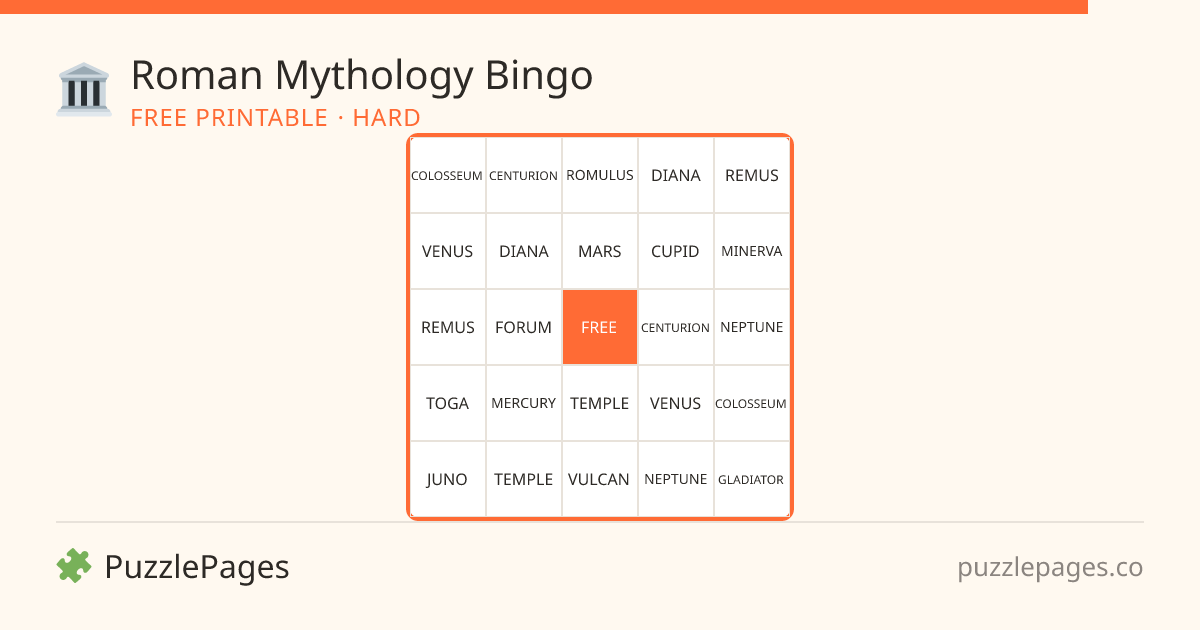 Roman Mythology Hard printable bingo preview — free to print from PuzzlePages