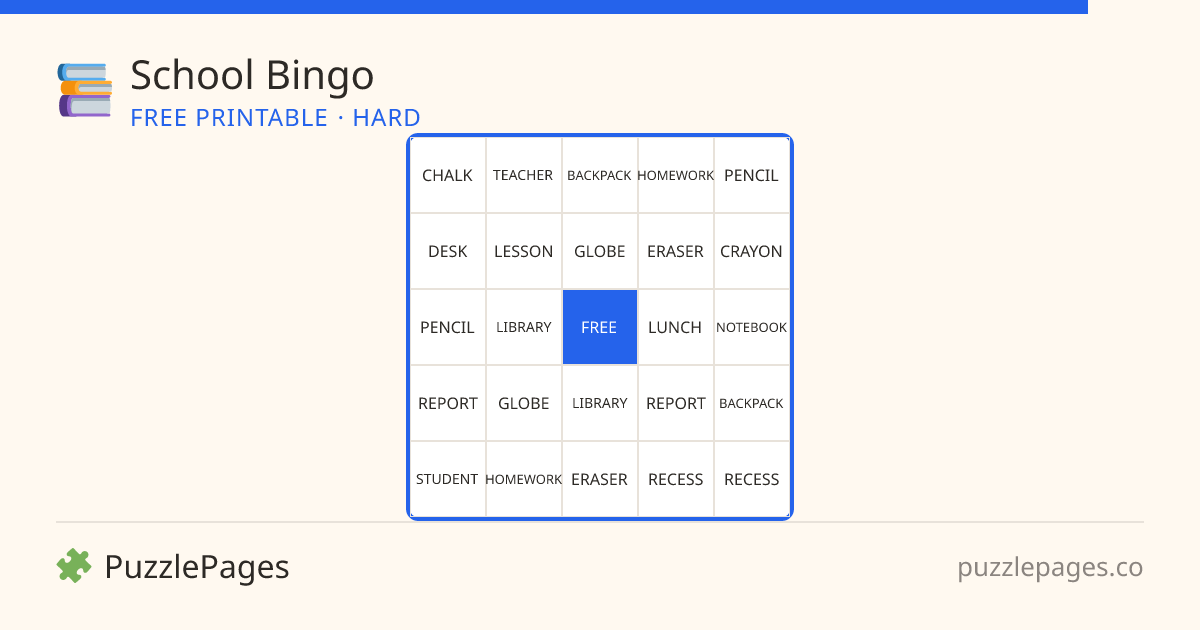 School Hard printable bingo preview — free to print from PuzzlePages