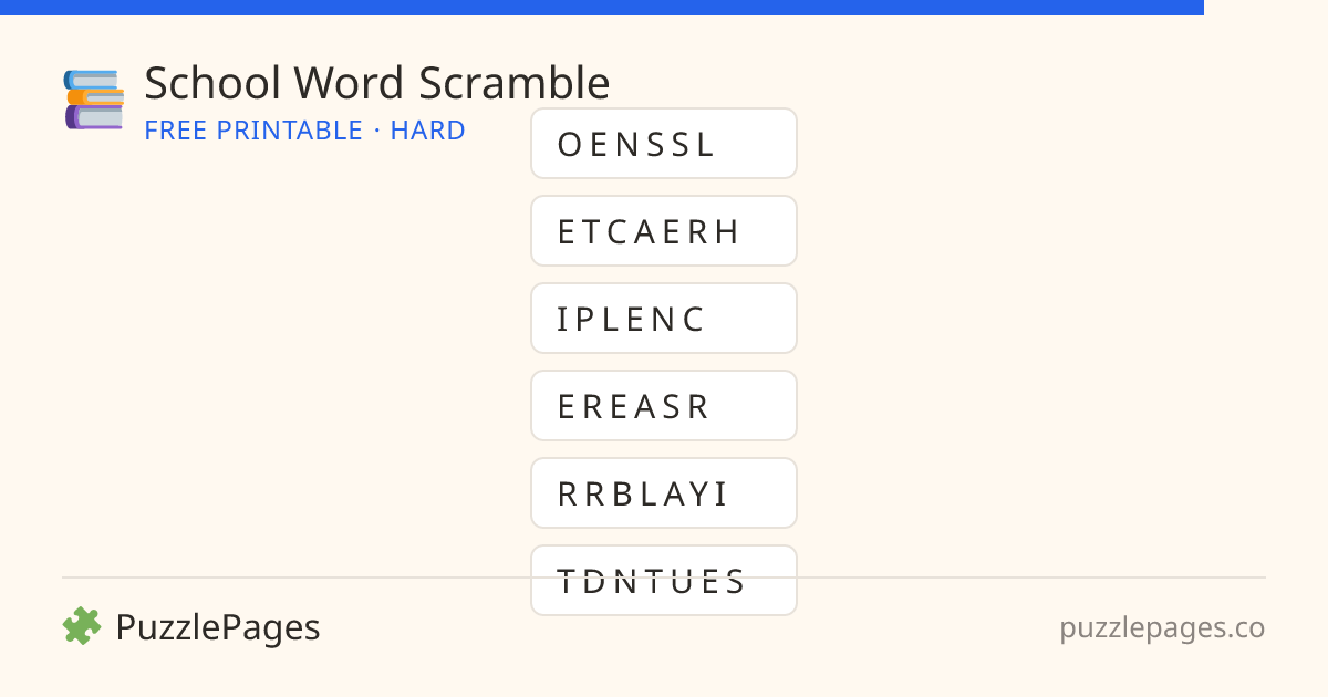 School Hard printable word scramble preview — free to print from PuzzlePages