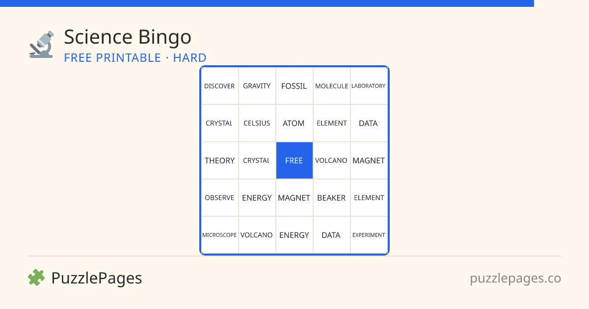 Science Hard printable bingo preview — free to print from PuzzlePages