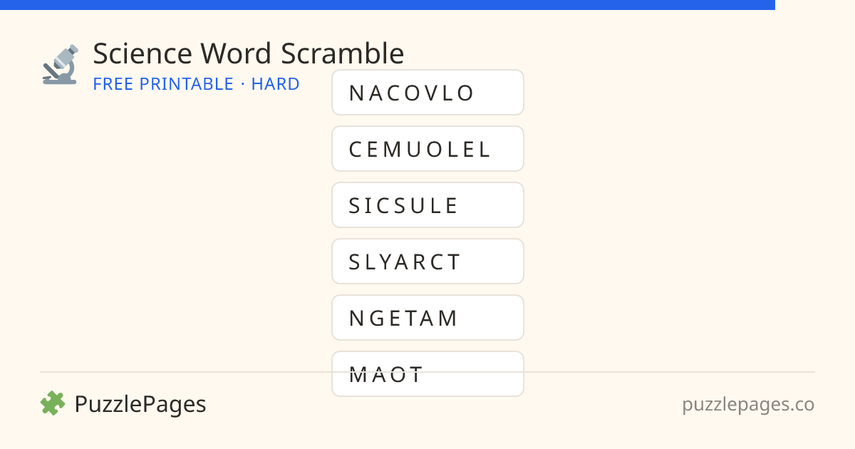 Science Hard printable word scramble preview — free to print from PuzzlePages
