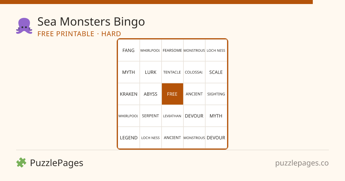 Sea Monsters Hard printable bingo preview — free to print from PuzzlePages