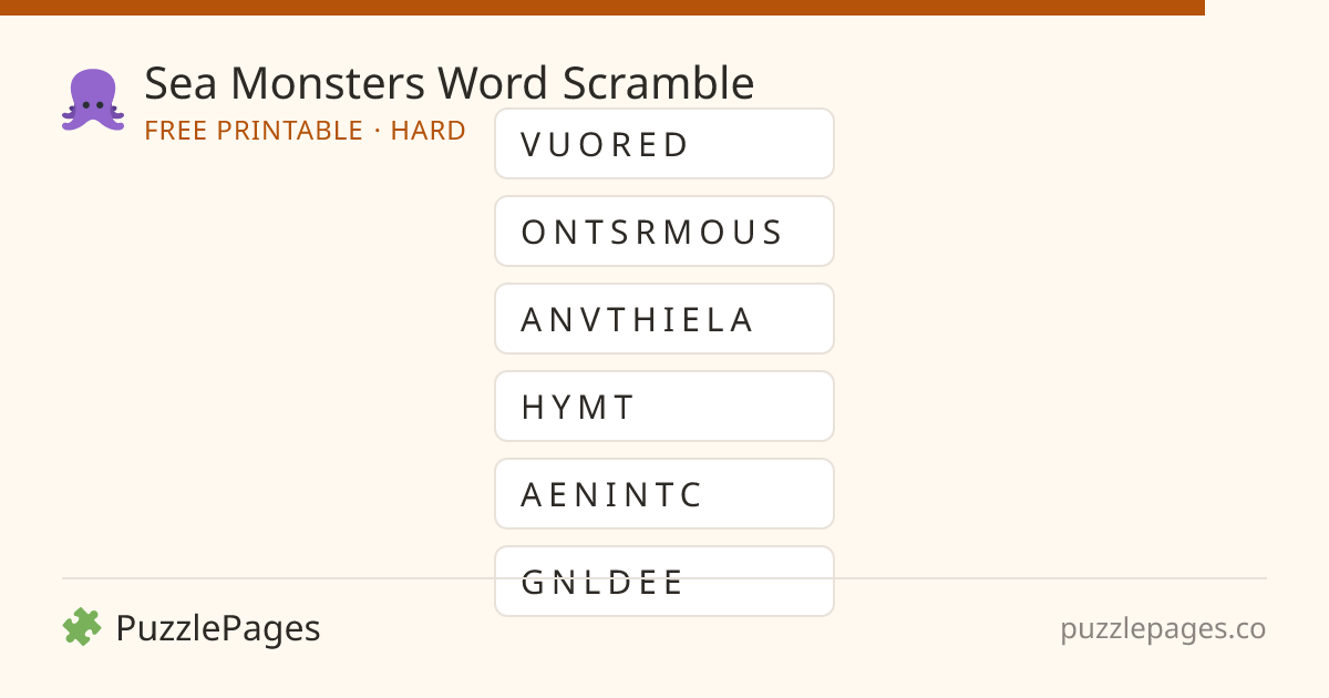 Sea Monsters Hard printable word scramble preview — free to print from PuzzlePages
