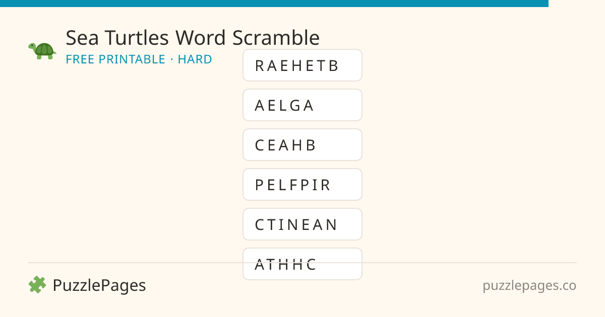 Sea Turtles Hard printable word scramble preview — free to print from PuzzlePages
